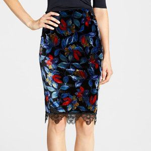 ASTR Blue Floral Velvet Pencil Skirt W/ Back Slit